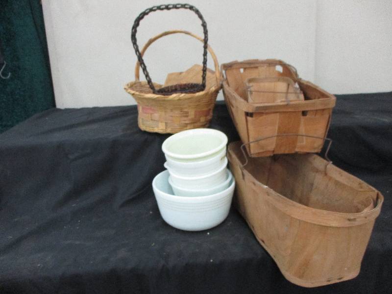 baskets, tapestry, blanket, mixing bopwls