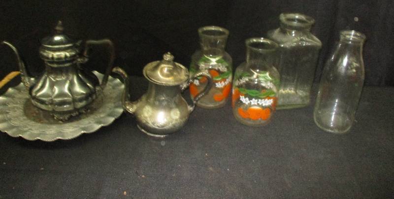 hammered aluminiu,m, juice pitchers, milk bottles look photos