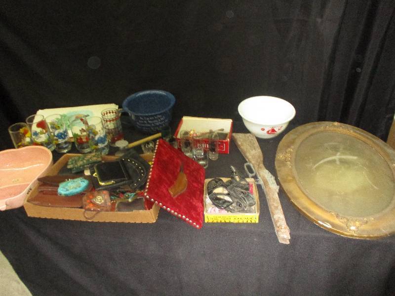 large oval picture frame, bowls, baby shoes, shot glasses, gun stock, purtse etc