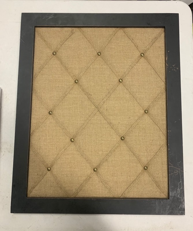 lot 17 image: Lot of 3- Picture Frames Display- 2 frames in good condition, the Burlap display frame is salvage