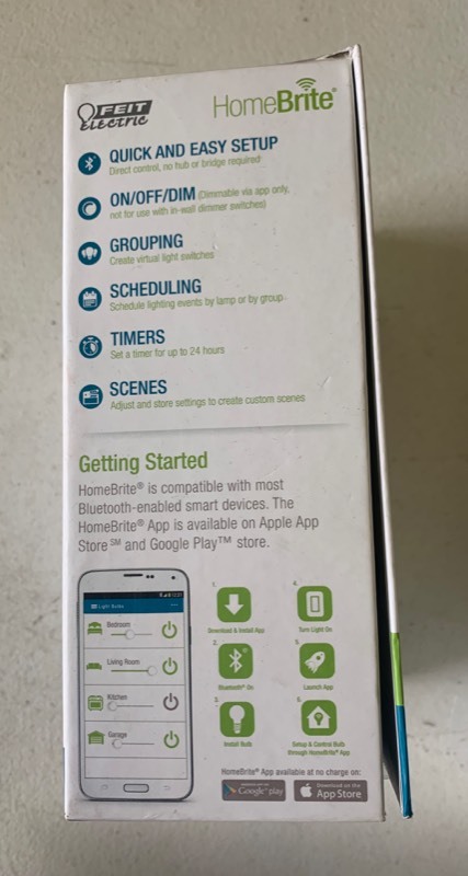 lot 44 image: Lot of 4- Homebrite Smart LED Bluetooth 90w Bulbs, PAR38 Flood, and Candelabra style