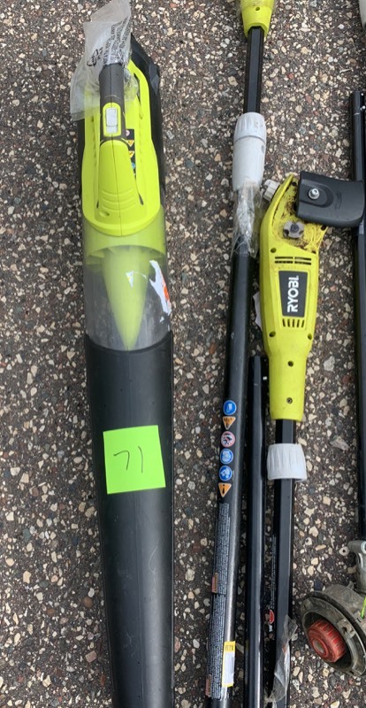 lot 71 image: Salvage lot- electric Ryobi Trimmer, blower, pole saw