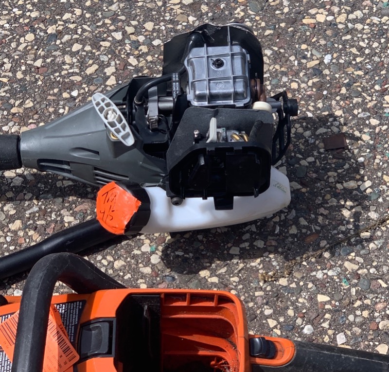 lot 80 image: For partsSalvage- homelite chainsaw, echo chain saw, gass trimmer head
