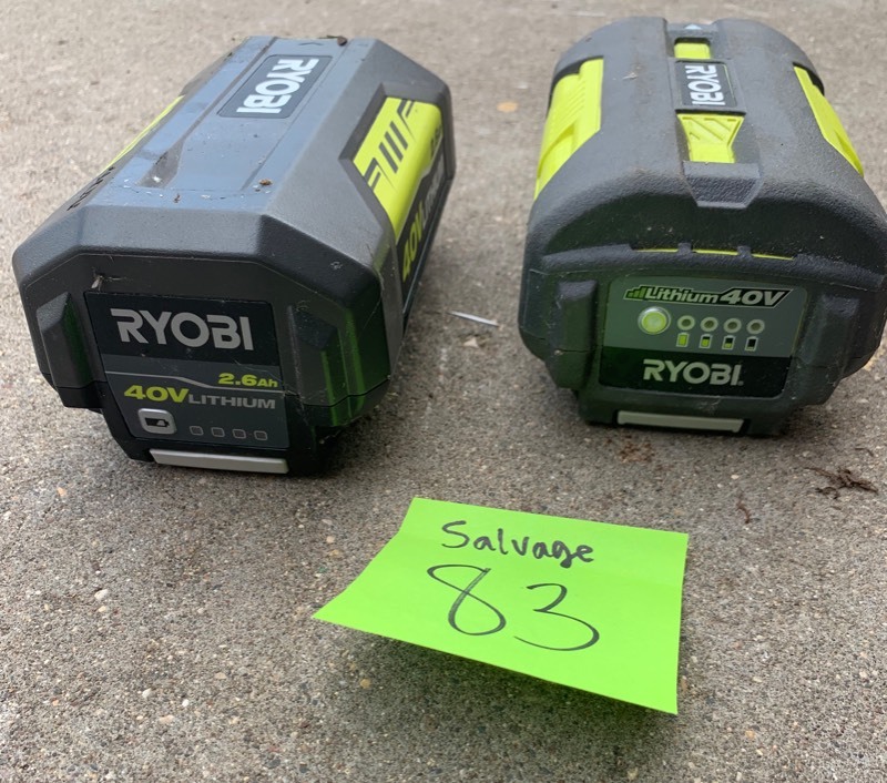lot 83 image: Salvage Battery lot of 2 - Ryobi 40v Lithium- defective, do not work