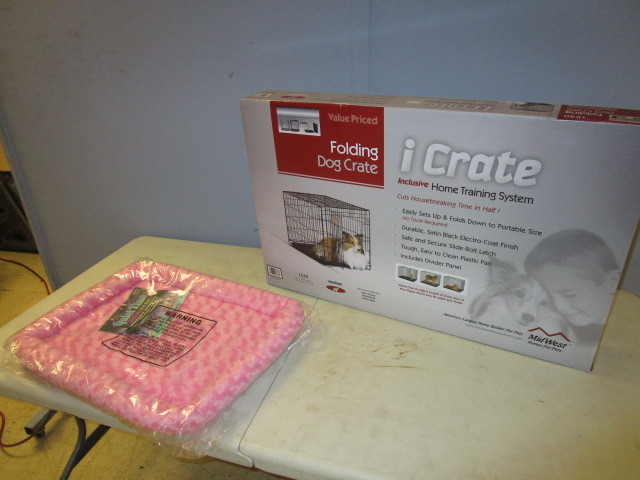 lot 361 image: NEW ICRATE FOLDING DOG CRATE AND QUIET TIME PET BED