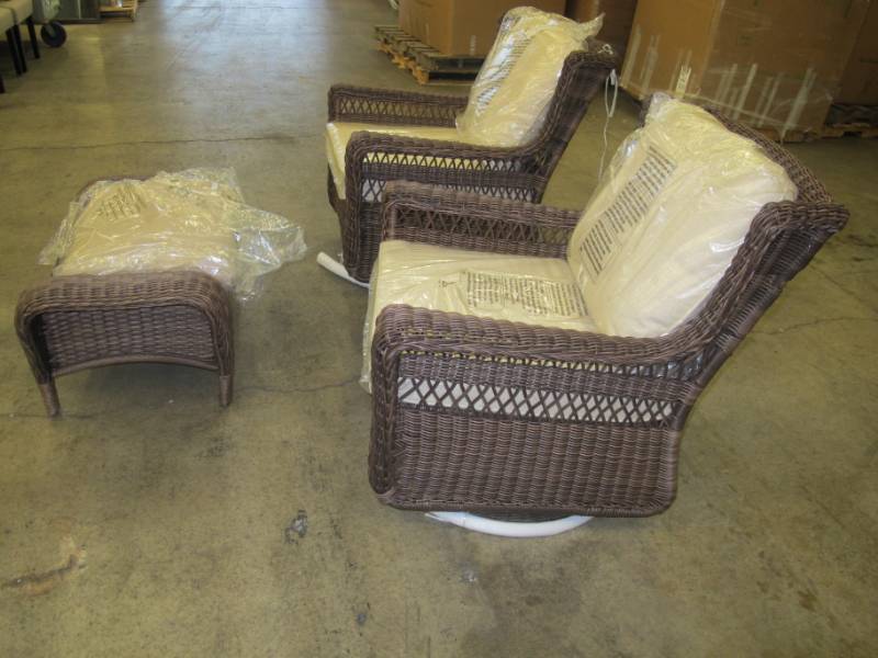 lot 10 image: Set of Two Wicker Patio Chairs and Ottoman