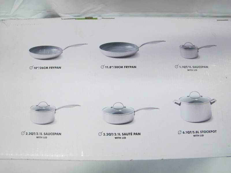lot 13 image: Greenpan 10PC Stainless Steel Nonstick Cookware Set - Ceramic Coated