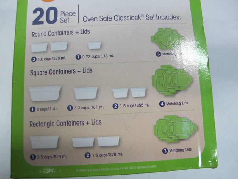 lot 24 image: Snapware 20 piece Tempered Glasslock Storage Containers with Snaplock Lid , Microwave & Oven Safe