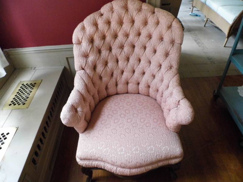 Pink Upholstered Chair w Foot Stool
