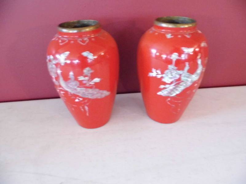Lot of 2 Inlaid Pearl Vases