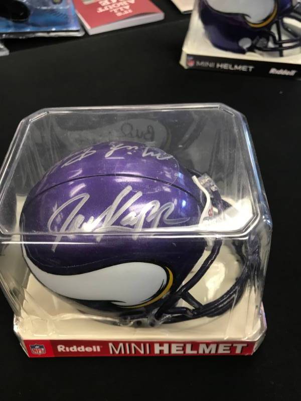 JOE KAPP, MICK TINGELHOFF, BUD GRANT, DAVE OSBORN AUTOGRAPHED MINI HELMET