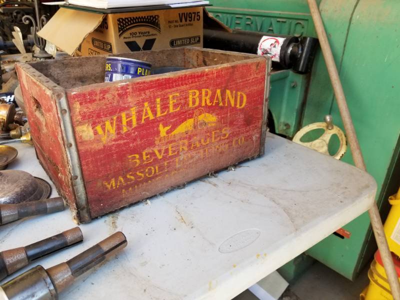 lot 1259 image: Whale Brand Wood Crate, Coffee and Other Tin Cans