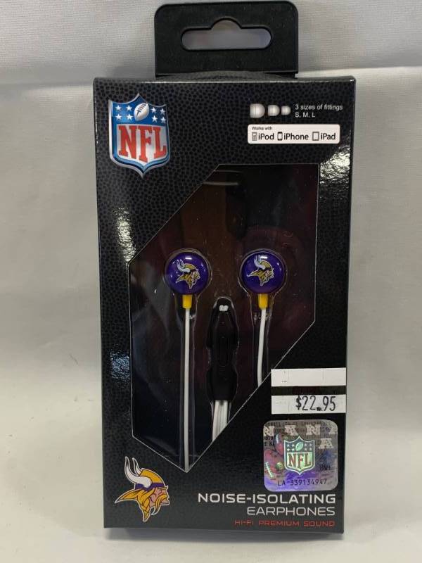 lot 11 image: Minnesota Vikings Noise Cancelling Ear Buds Earphones New
