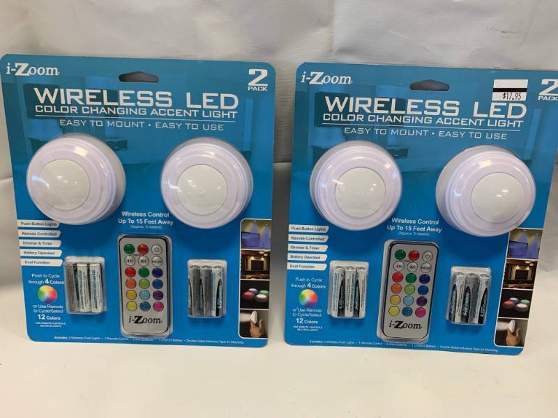 lot 23 image: New Wireless Color Changing LED 2 Pack Puck Lights with Remote