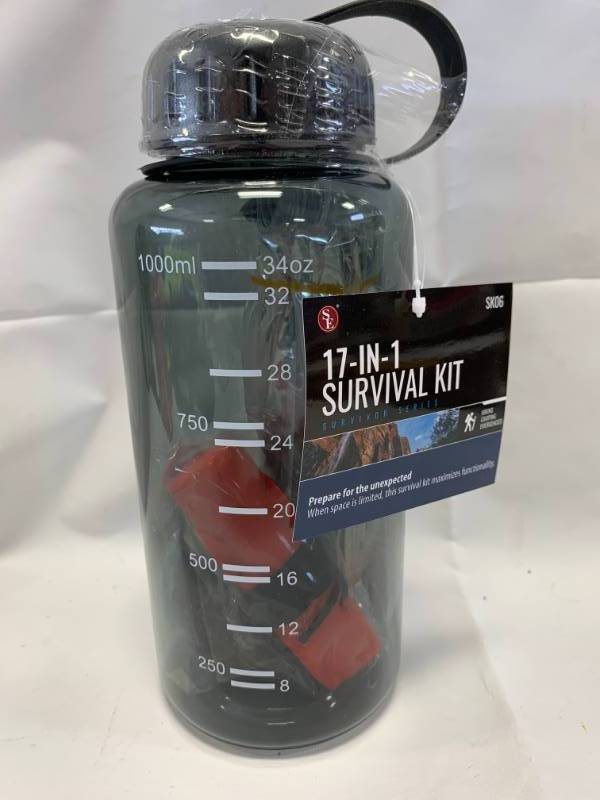 lot 52 image: New 17 in 1 Survival Kit in 34oz Bottle