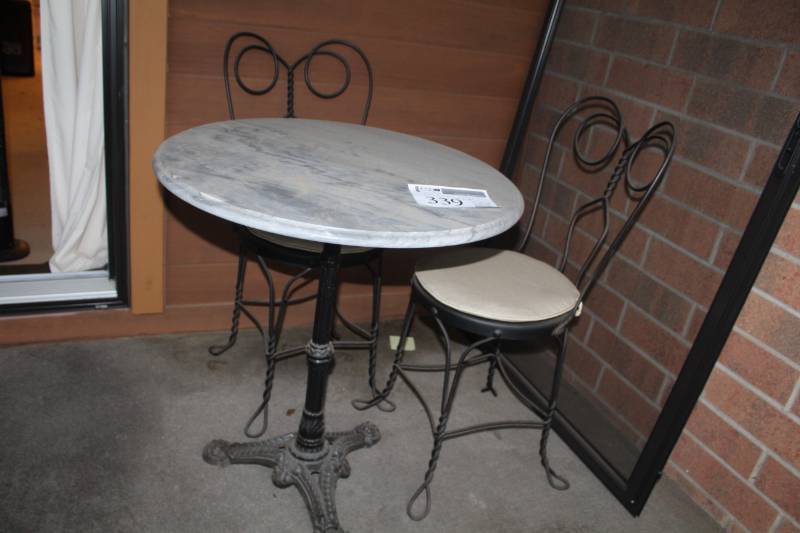 lot 339 image: 3-Piece Metal Patio Set - Marble Top Table, 2-Chairs