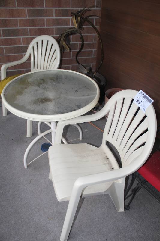 lot 365 image: 3-Piece Patio Set - Round Table with Glass Top, 2-Plastic Chairs