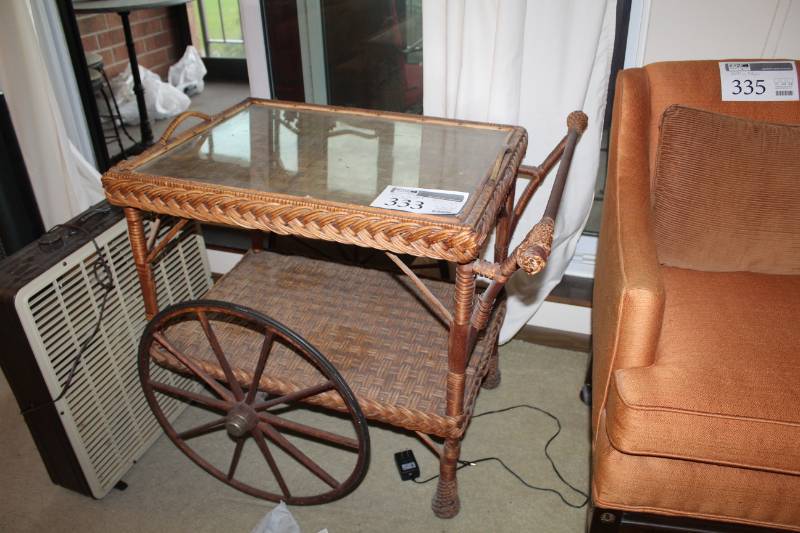 lot 333 image: Rolling Wicker Buffet Cart with Glass Top