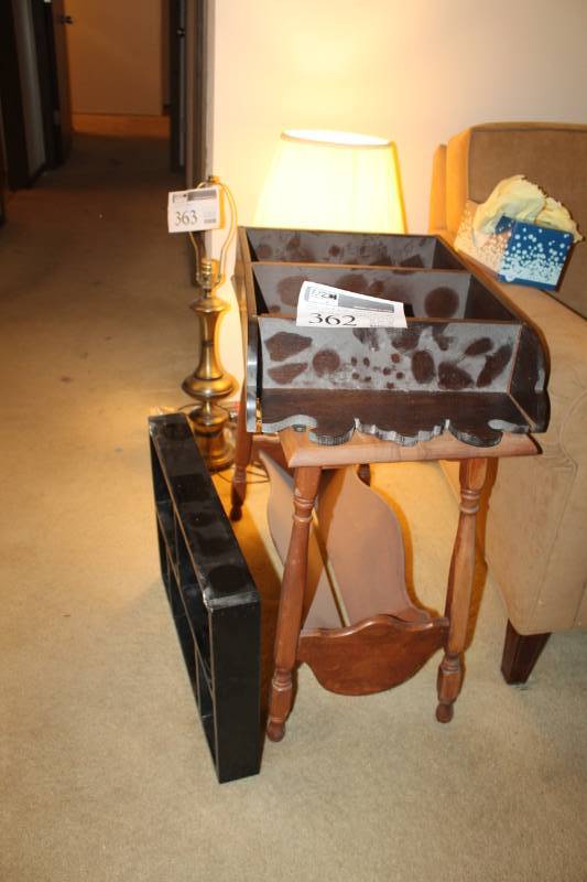 lot 362 image: Lot of (3) Wood Magazine End Table, 2-Wood Wall Display Shelves