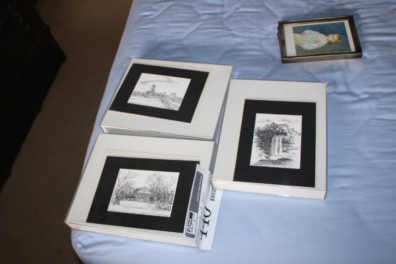 lot 440 image: Lot of (3) Minneapolis Skyline, Minnehaha Falls, Cyrus Northrop Memorial Auditorium Black and White Wall Art 8x10in.