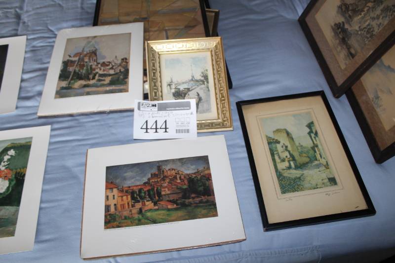 lot 444 image: Lot of (4) Paris Eiffel Tower Framed Wall Art, La Pila by Rhys Jenkins Signed Print, Paul Cezanne Gardanne Print, Paul Cezanne Village Church Print