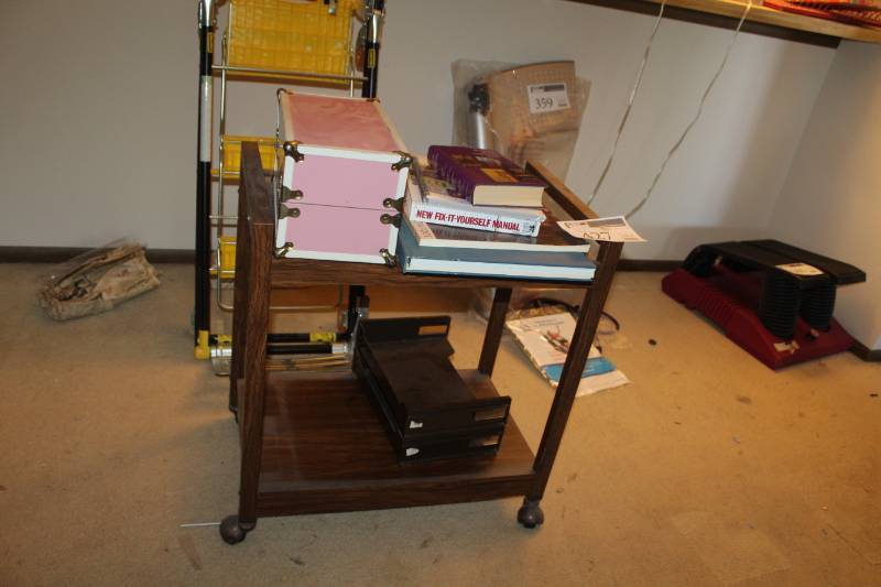 lot 427 image: 2-Tier Rolling Shelf, Organizers, Doll Road Case, Fix It Manual