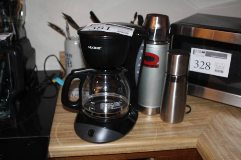 lot 381 image: Lot of (3) Mr. Coffee Coffee Maker, Uno-Vac Stainless Steel Coffee Thermos, Stainless Steel Thermos