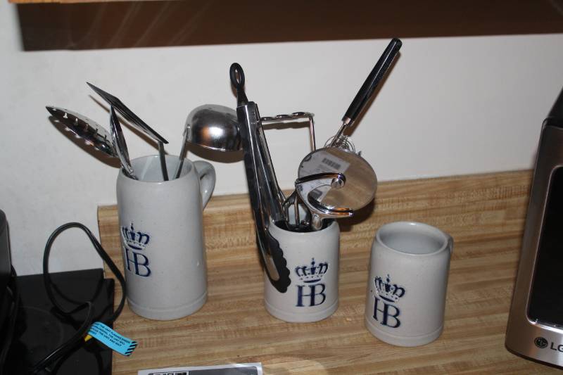 lot 385 image: Lot of (3) German Decorative Stoneware Mugs, Cooking Utensils