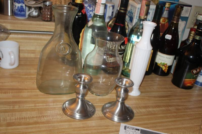 lot 377 image: Lot of (5) Pewter Candleholders, Glass Vases, Carafe
