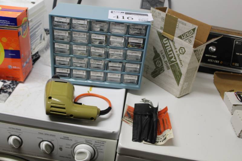 lot 416 image: Black&Decker 14in. Utility Drill 7004, Masonary Drill Bit Set, Parts Organizer Storage Bin, Misc. Hardware