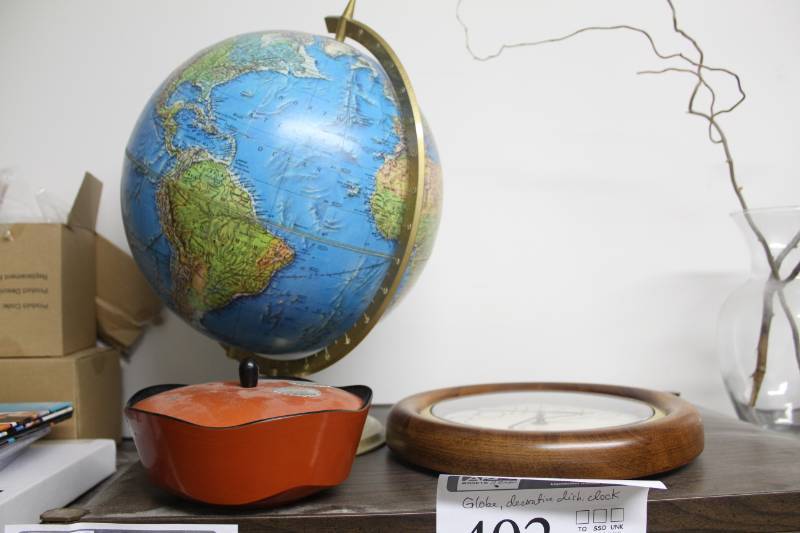 lot 402 image: Globe, Decorative Dish, Wall Clock