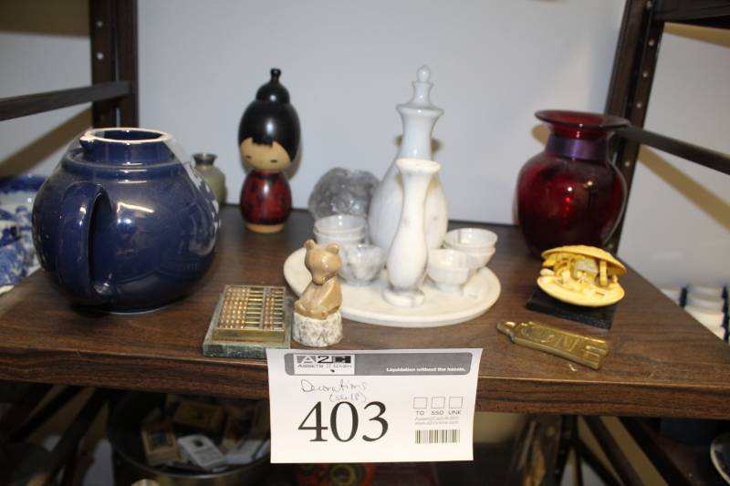 lot 403 image: Ceramic Pitcher, Glass Pitcher, Abacus, China Doll, Marble Serving Set