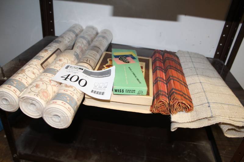 lot 400 image: Three Rolls Floral Wallpaper, Wiss Model C Pinking Shears, Decorative Wall Scrolls