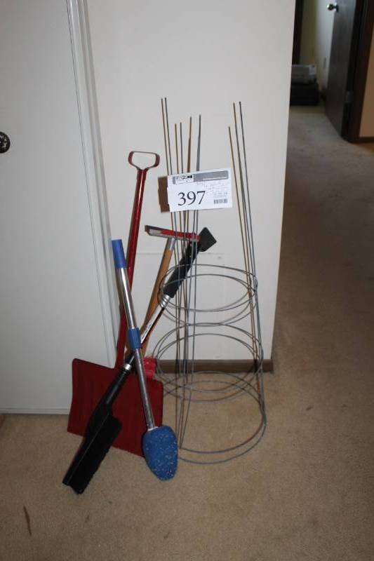 lot 397 image: Tomato Cages, Ice Scraper, Duster, Shovel, Iron Board, Brooms, Mop, And More