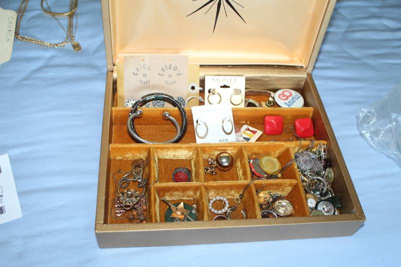 lot 488 image: Jewelry and Buttons in Jewelry Case - Necklaces, Rings, Bracelets, Pins, And More