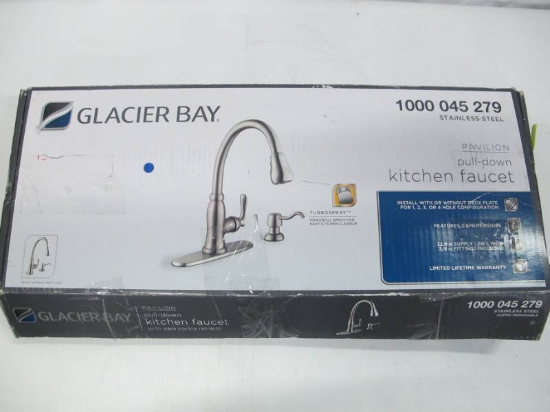 lot 73 image: Glacier Bay Pavilion Single-Handle Pull-Down Kitchen Faucet with TurboSpray and FastMount and Soap Dispenser in Stainless Steel