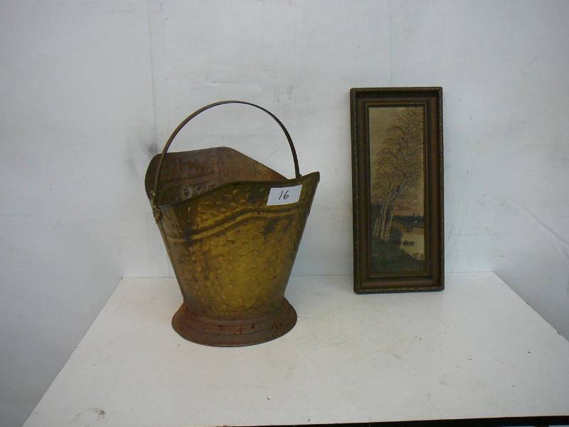 lot 16 image: Ash Bucket & Framed Oil Painting
