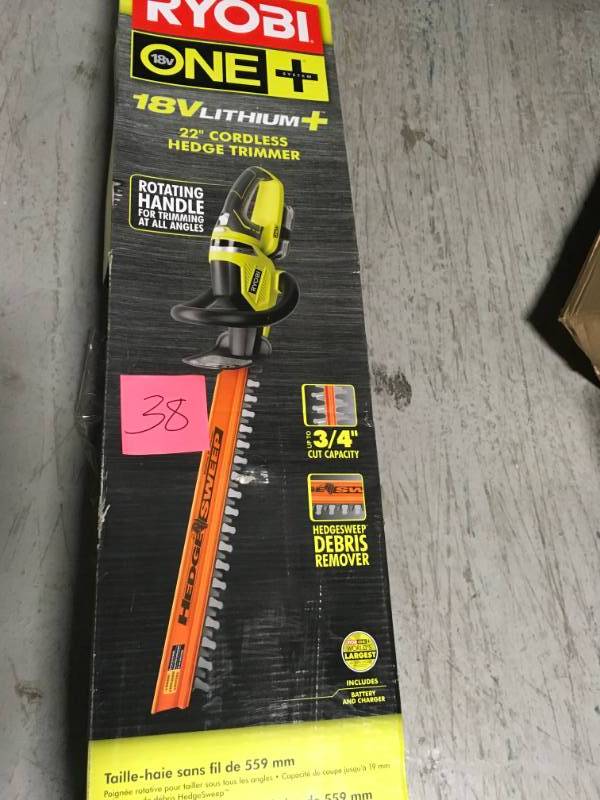 lot 38 image: RYOBI ONE Lithium 22 in. 18-Volt Lithium-Ion Cordless Hedge Trimmer - 1.5 Ah Battery and Charger Included in good condition
