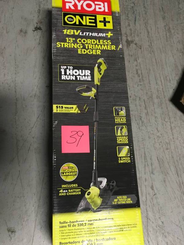 lot 39 image: RYOBI ONE 18-Volt Lithium-Ion Cordless String TrimmerEdger - 4.0 Ah Battery and Charger Included not used