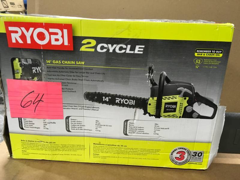 lot 64 image: RYOBI 14 in. 37cc 2-Cycle Gas Chainsaw in good condition