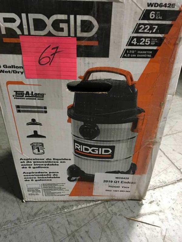 lot 67 image: RIDGID 6 Gal. 4.25-Peak HP Stainless Steel Wet Dry Vac USED  in good condition