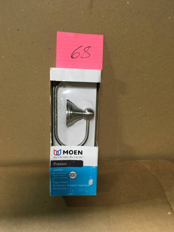 lot 68 image: MOEN Preston Single Post Toilet Paper Holder in Spot Resist Brushed Nickel not used
