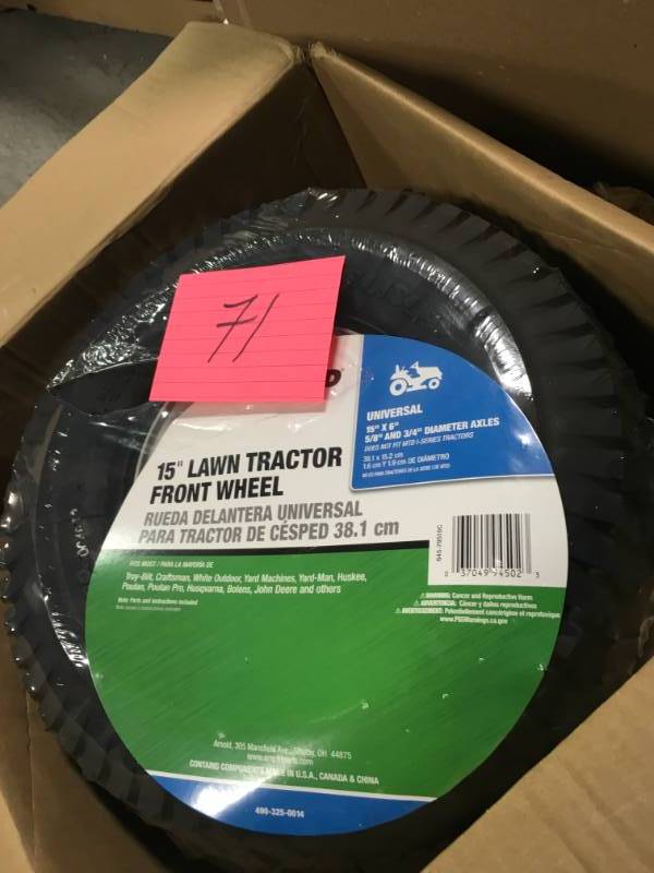 lot 71 image: Arnold 15 in. Universal Front-Rider Wheel for Lawn Tractors not used