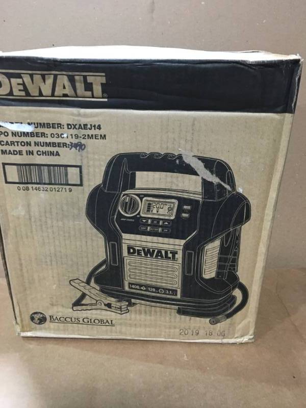 lot 82 image: DEWALT 1400 Peak Amp Jump Starter with Digital Compressor in like new condition