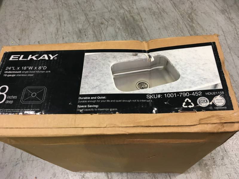 lot 8 image: Elkay Undermount Stainless Steel 24 in. Single Bowl Kitchen Sink not used
