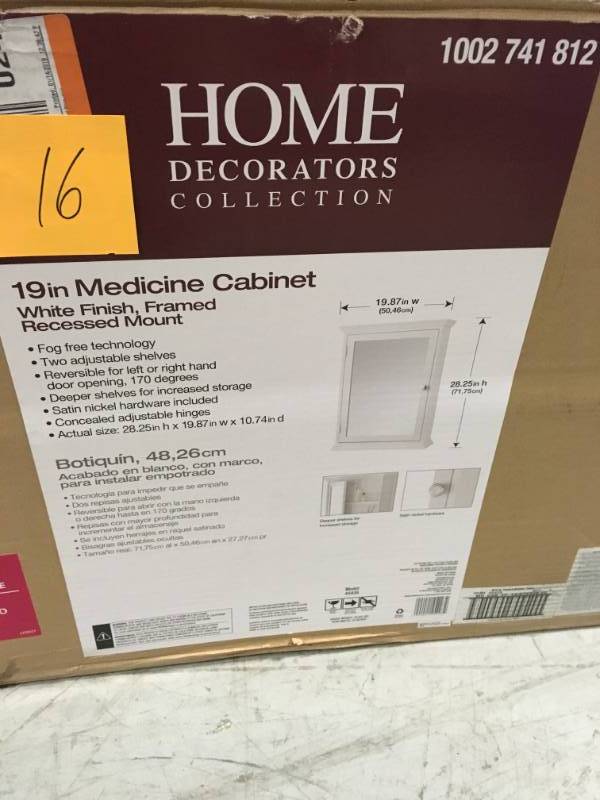 lot 16 image: Home Decorators Collection 19-78 in. W x 28-14 in. H Fog Free Framed Recessed Mount Extended Storage Bathroom Medicine Cabinet in White not used