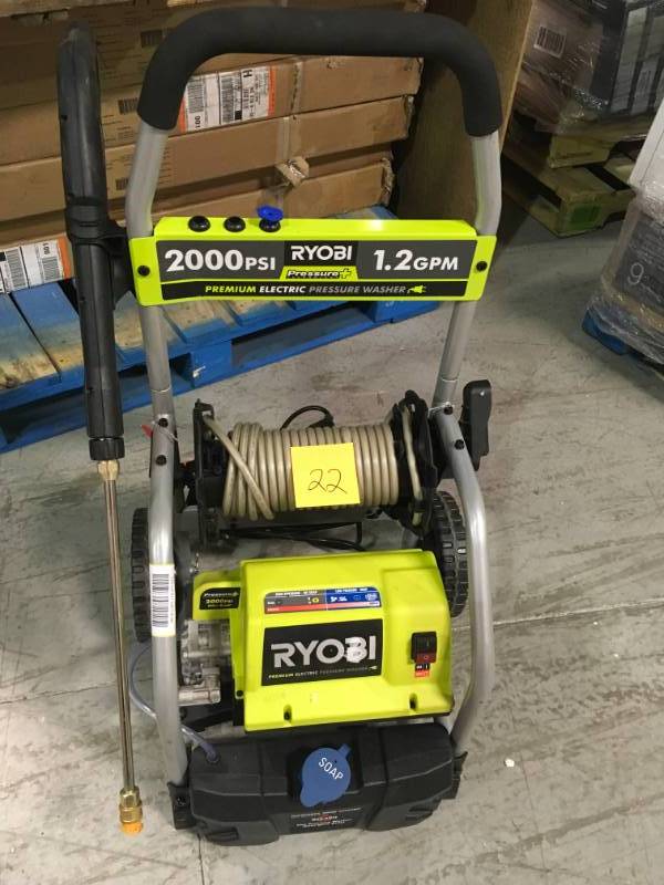 lot 22 image: RYOBI 2,000 PSI 1.2 GPM Electric Pressure Washer in good condition