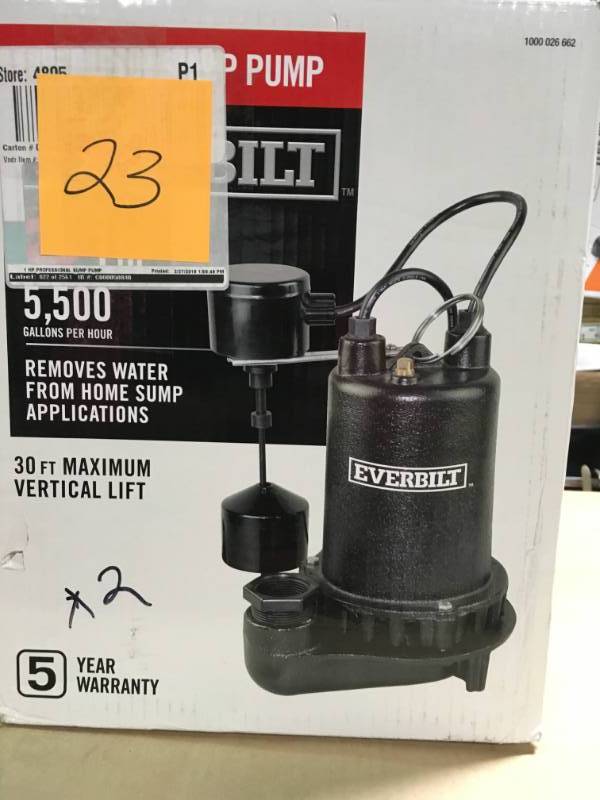 lot 23 image: Everbilt 1 HP Professional Sump Pump in good condition