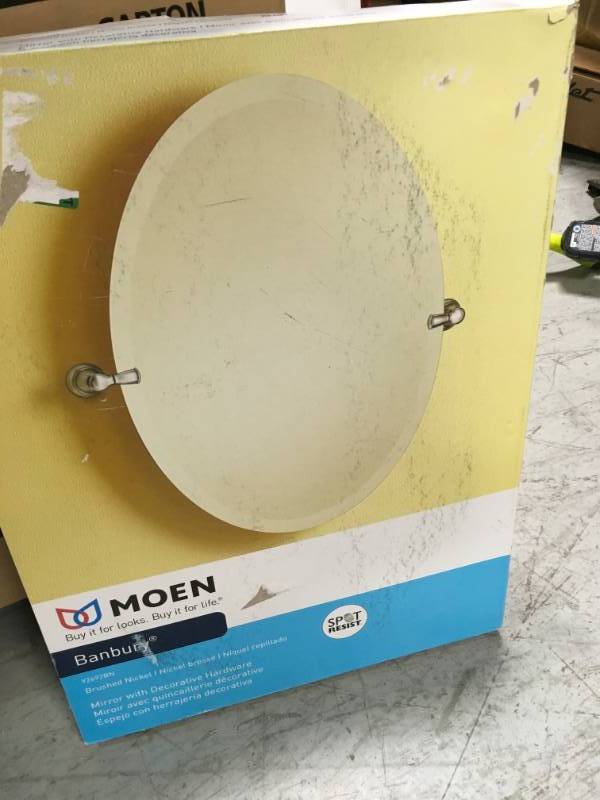 lot 30 image: MOEN Banbury 26 in. x 23 in. Frameless Pivoting Wall Mirror in Brushed Nickel in good condition