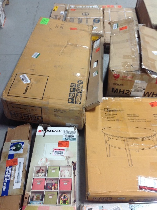 lot 130 image: WHOLESALE MIXED PALLET OF RETURNS shelf furniture and more all mix conditions not  inspected